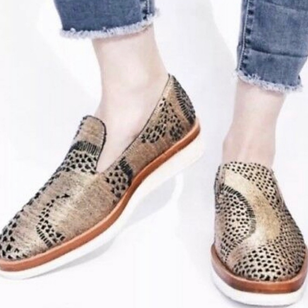 Free People Snake Eye Gold Metallic Blue Brocade Loafers 6.5 37